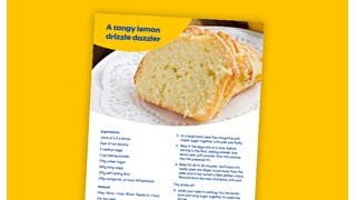 Lemon drizzle recipe card on yellow background